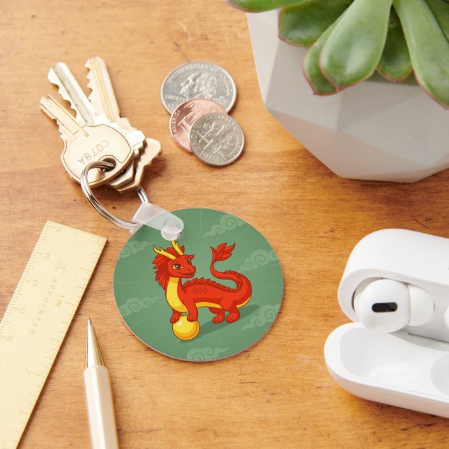 Porte-clés Dragon Chinois Rouge sur Fond Vert (Bureau)