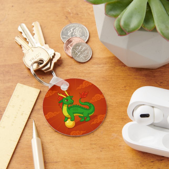 Porte-clés Dragon Chinois Vert sur Fond Rouge (Bureau)