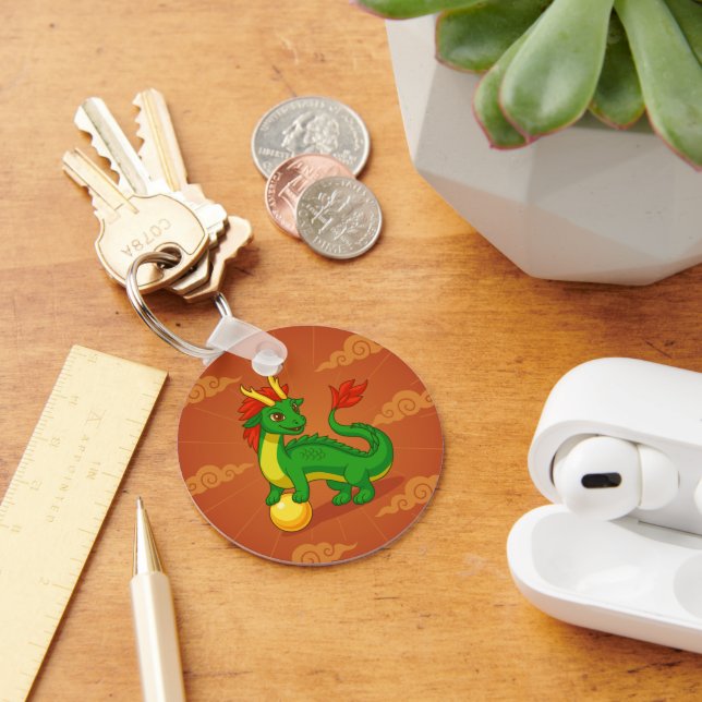 Porte-clés Dragon Chinois Vert sur Rouge (Bureau)