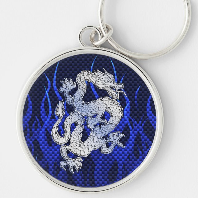 Porte-clés Dragon dans Chrome comme bleu Carbon Fiber Style (Devant)