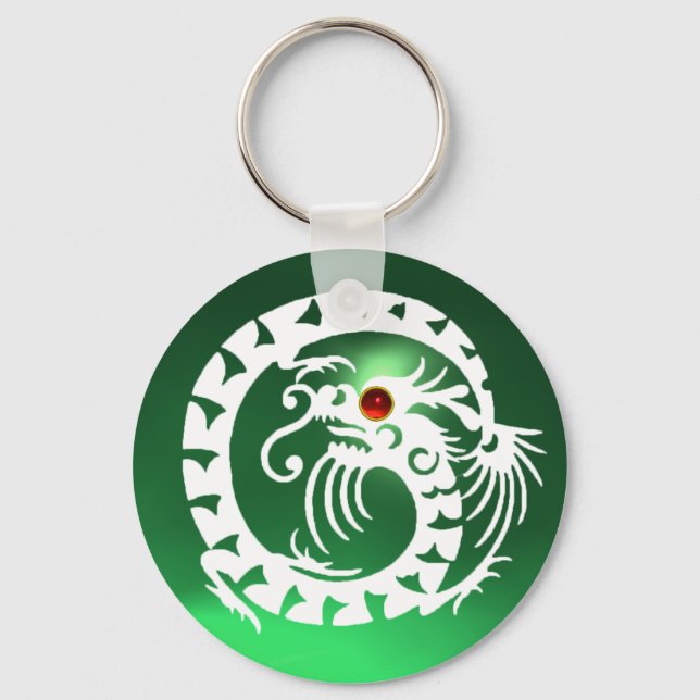 Porte-clés DRAGON DE NAGE, blanc, rubis rouge, jade verte (Recto)