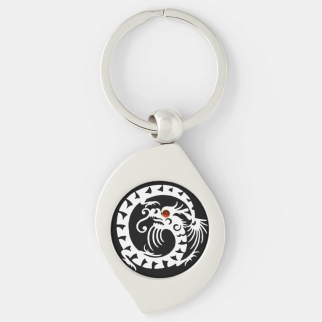 Porte-clés DRAGON DE NAGE, noir, blanc, rubis rouge (Devant)