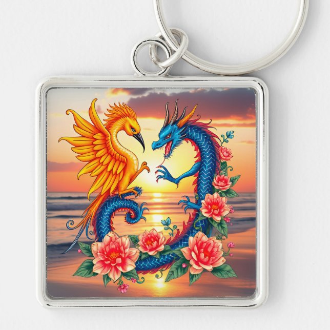 Porte-clés Dragon et Phoenix vibrant avec fleurs (Devant)