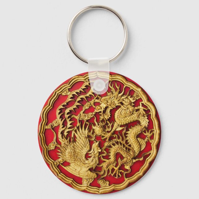 Porte-clés Dragon Phénix Rouge Or Cadeau de Mariage Chinois (Recto)