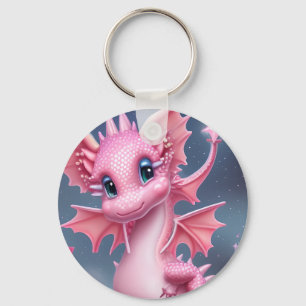 Porte-clés Dragon rose mignon aux fleurs roses