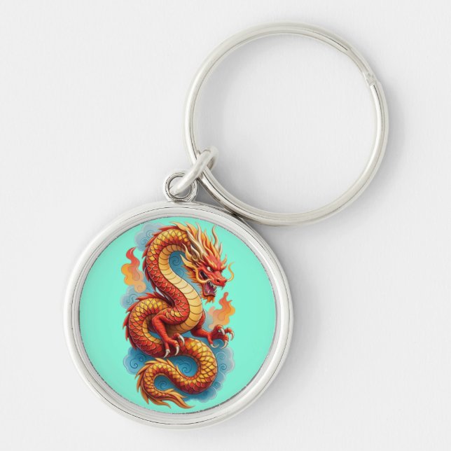 Porte-clés Dragon Rouge Chinois Illustration Fougueuse-67561 (Devant)