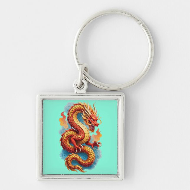 Porte-clés Dragon Rouge Chinois Illustration Fougueuse-67561 (Devant)