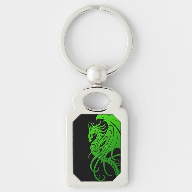 Porte-clés Dragon tribal de vol - vert sur le noir (Devant)