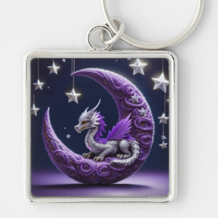 Porte-clés Dragon Violet Et Blanc Sur Une Lune Crescent