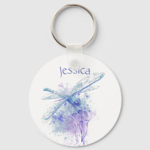 Porte-clés Dragonfly originale aquarelle dans Blue Mauve Natu