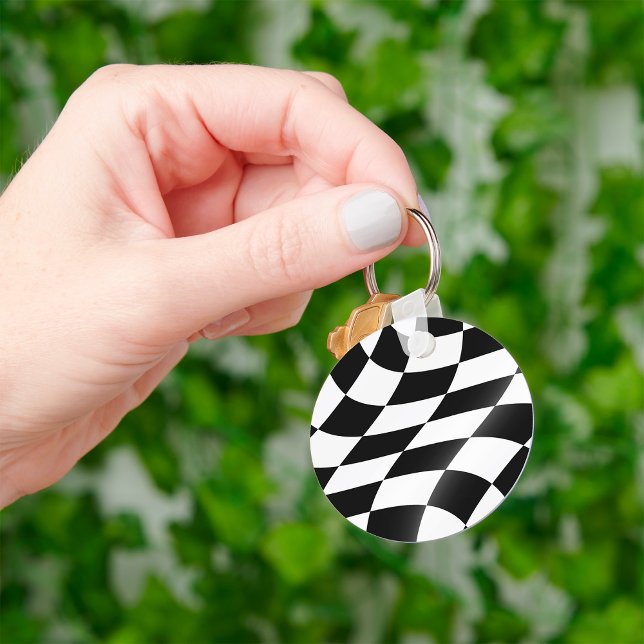 Porte-clés Drapeau à carreaux noir et blanc ondulé de course (Créateur téléchargé)