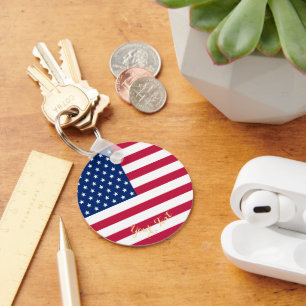 Porte-clés Drapeau américain patriotique Faux or Monogramme