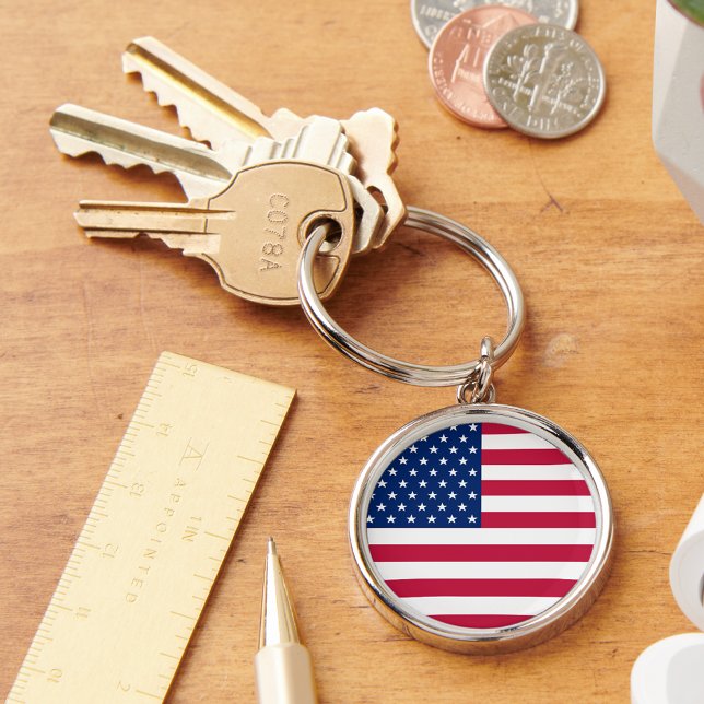 Porte-clés Drapeau américain Patriotique Porte - clé en métal (USA American Flag Patriotic Round Metal Keychain)