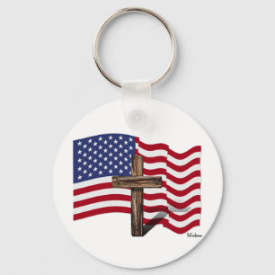 Porte-clés Drapeau américain qui flotte et croix robuste
