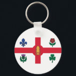 Porte-clés Drapeau de Montréal (Québec)<br><div class="desc">Porte - clé avec le drapeau de Montréal,  la ville la plus peuplée de la province de Québec,  Canada. Drapeau blanc avec croix rouge,  pin blanc,  fleur de lys bleu,  rose rouge de Lancaster,  shamrock et chardon</div>