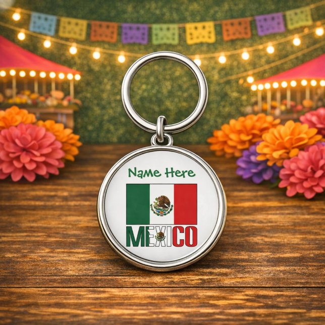 Porte-clés Drapeau du Mexique Personnalisé Métal Rond (Personalized round metal keychain with Mexican Flag and MEXICO below in flag colors. Add name above.)