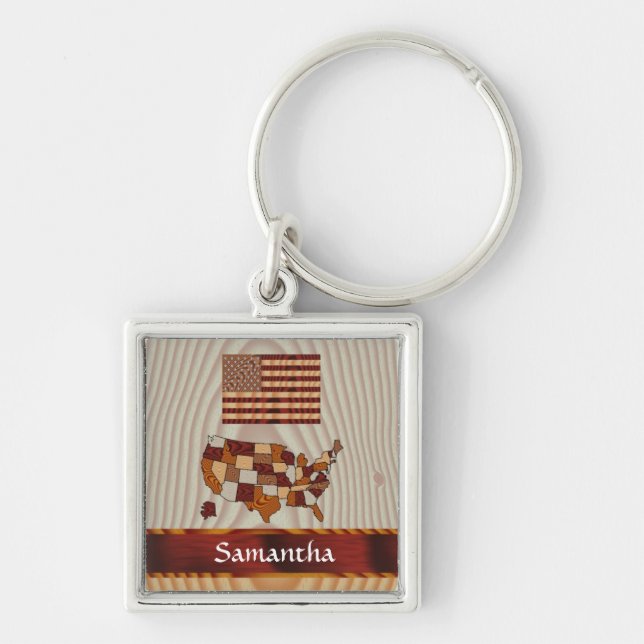 Porte-clés Drapeau et carte en bois américain (Devant)