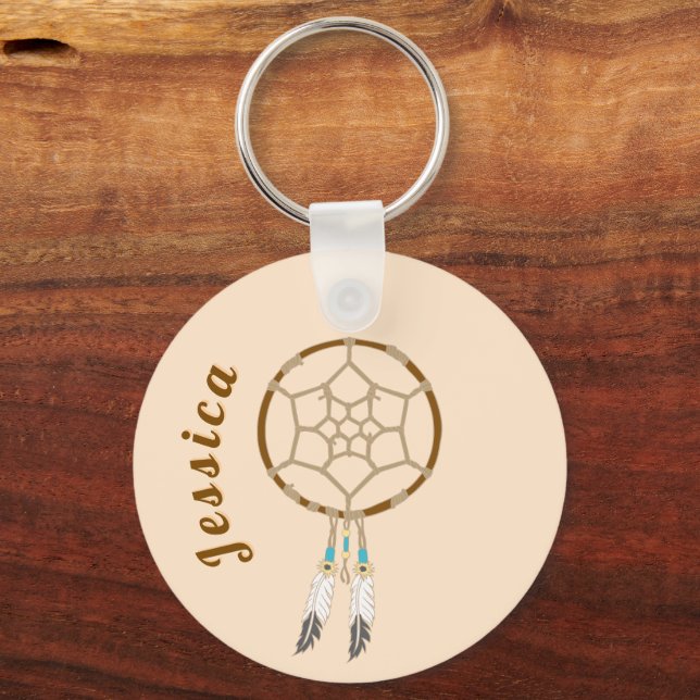 Porte-clés Dream Catcher avec plumes et perles turquoise (Recto)