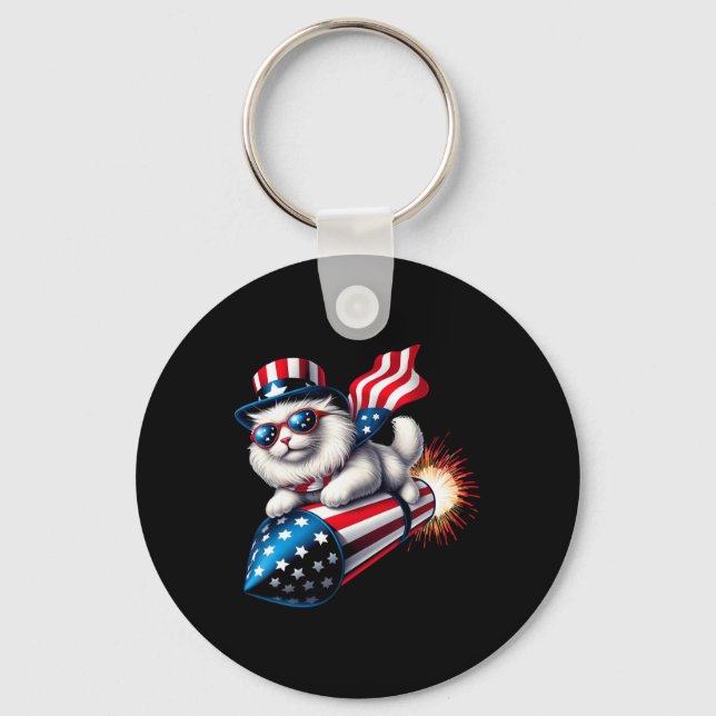 Porte-clés Drôle 4 juillet Patriotic Cat Rocket avec Firewo (Recto)