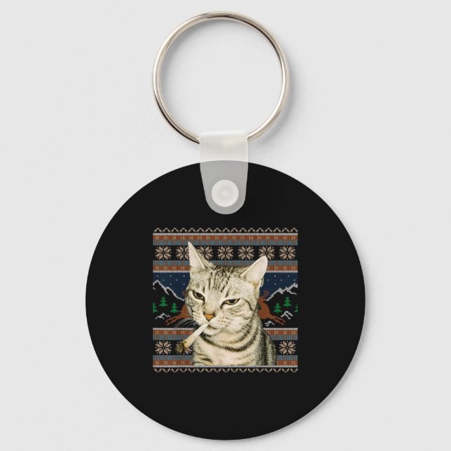 Porte-clés Drôle Chat Fumeur Mème Noël Sweat Ugly Chat  (Recto)