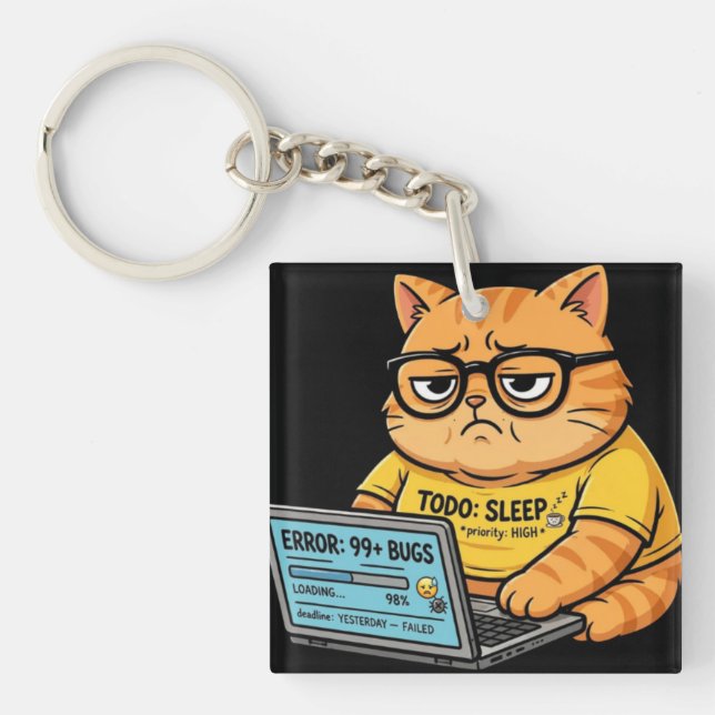 Porte-clés drôle de chat orange programmeur (Devant)