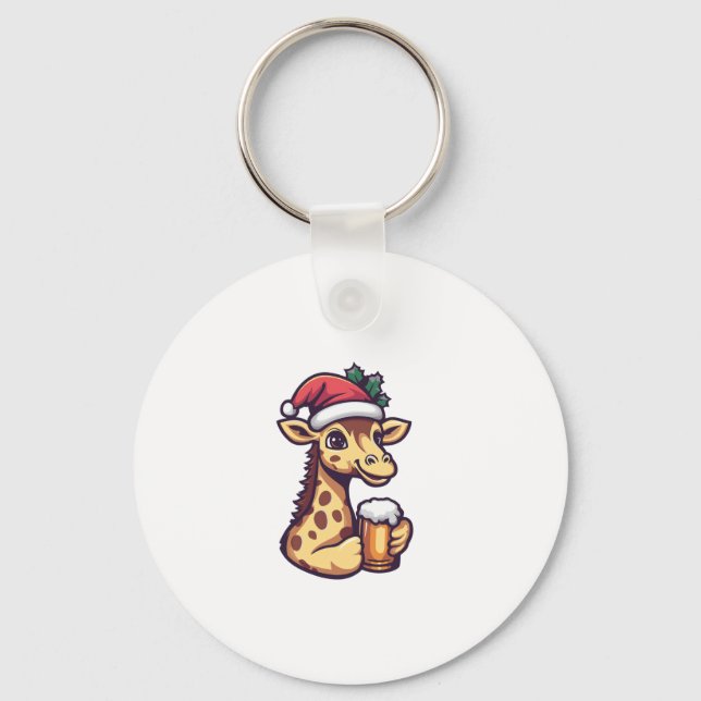 Porte-clés Drôle Giraffe de Noël avec bande dessinée de bière (Recto)