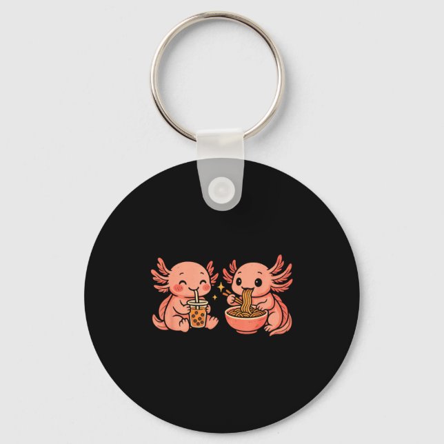 Porte-clés Drôle Mignon Kawaii Axolotl Mangeant des Nouilles  (Recto)