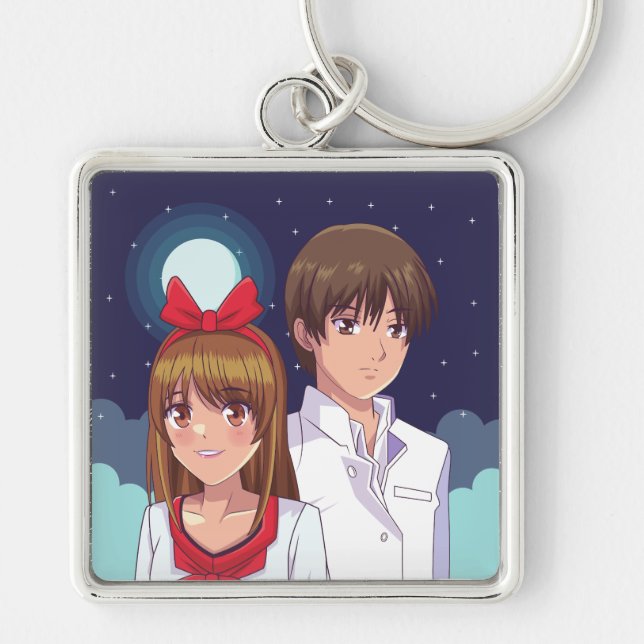Porte-clés Duo d'illustration d'anime au clair de lune (Devant)