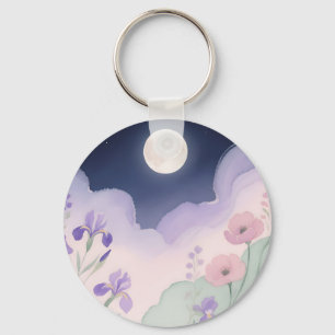 Porte-clés Eau de pleine lune aquarelle iris floral nuit