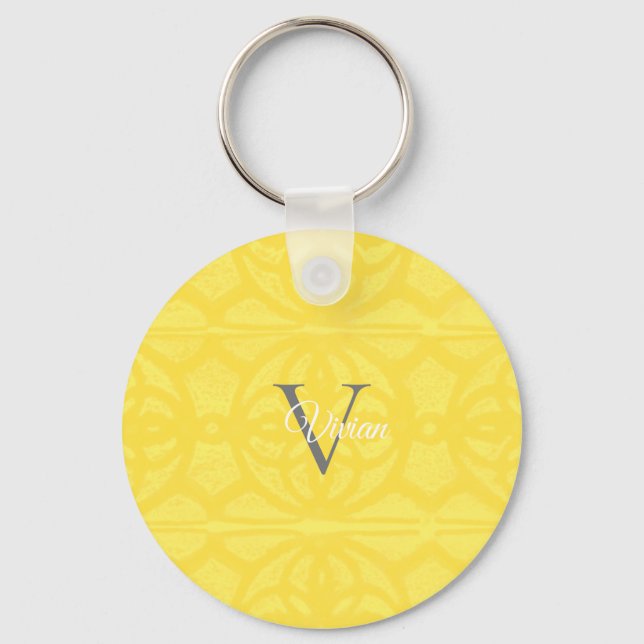 Porte-clés Éclairage Aquarelle Jaune Batik Monogramme Nom (Recto)