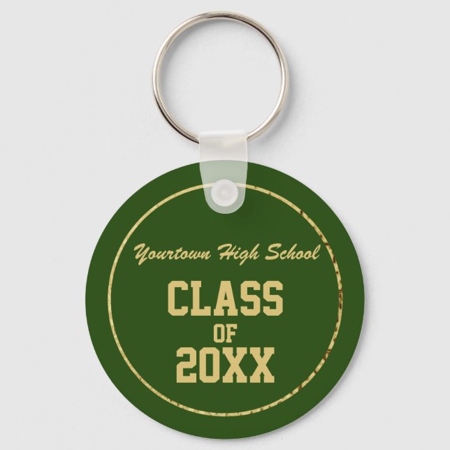 Porte-clés École de fin d'études verte et dorée et année (Recto)