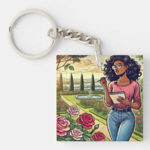 Porte-clés écrivain dans un jardin de roses