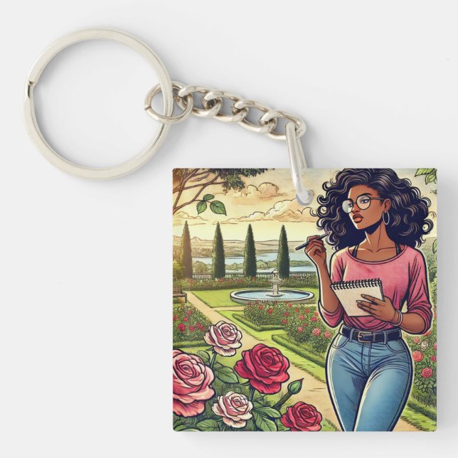 Porte-clés écrivain dans un jardin de roses (Devant)