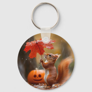 Porte-clés Écureuil mignon avec parapluie à feuilles - Pluie