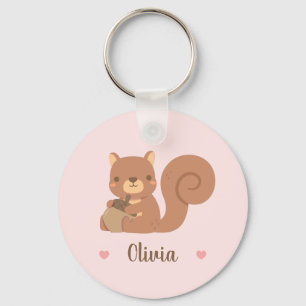 Porte-clés Écureuil Mignon Tenant un Gland Nom de Fille Rose