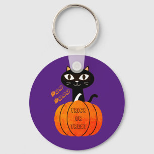 Porte-clés Éffrayant chat violet noir orange Citrouille Hallo
