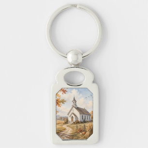 Porte-clés Église de campagne automnale, paysage à l'aquarell