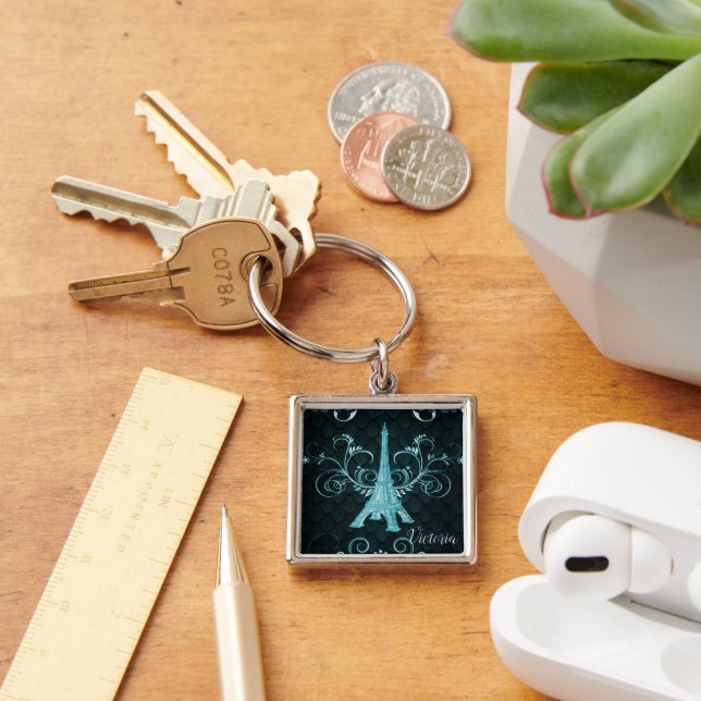 Porte-clés Eiffel Tower Teal Floral Swirls (Bureau)