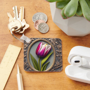 Porte-clés Élégance : Tulipe rose dans le design Art Nouveau