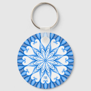 Porte-clés Elegant Aesthetic White & Blue Mandala Monogrammed