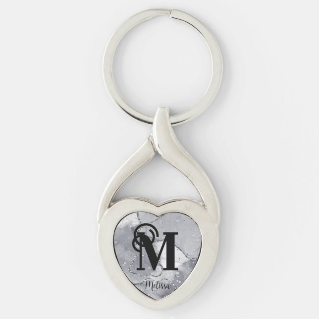 Porte-clés Élégant argent et monogramme noir (Devant)