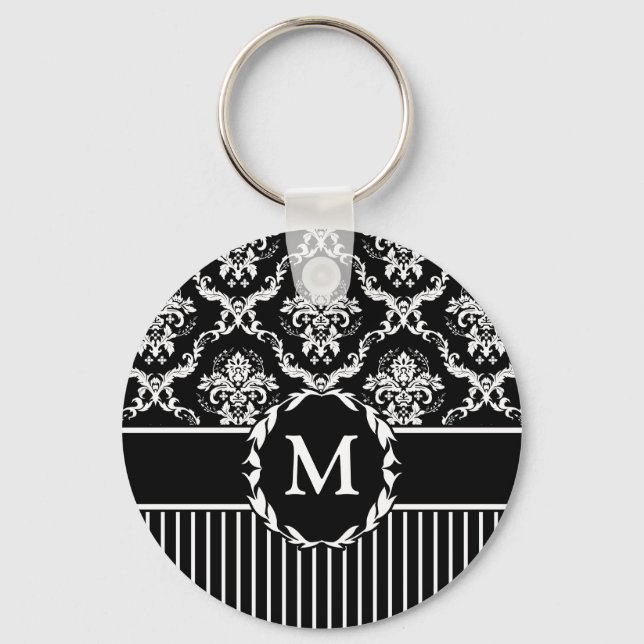 Porte-clés Elégant blanc sur noir Damask (Recto)