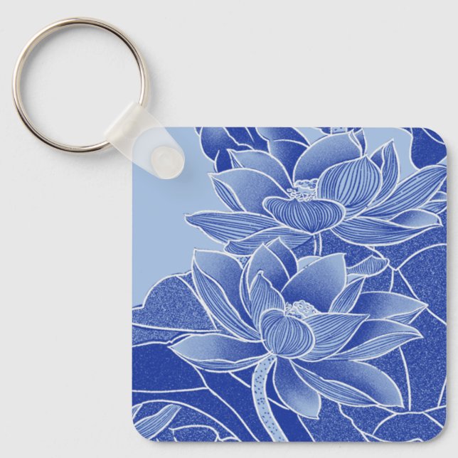 Porte-clés Elegant Blue Lotus Flowers Mandala Chinoiserie (Recto)
