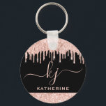 Porte-clés Élégant Blush Rose Gold Parties scintillant Drives<br><div class="desc">Girly, Elegant, Sylish Blush Rose Gold Parties scintillant Drips 2 Monogrammes Script personnalisé nom monogrammed porte - clé sur noir. Doté d'un cadre de goutte de parties scintillant en or rose rose, d'une grande police de script monogramme à double main avec swashes (initiales de grande taille) et d'un nom de...</div>