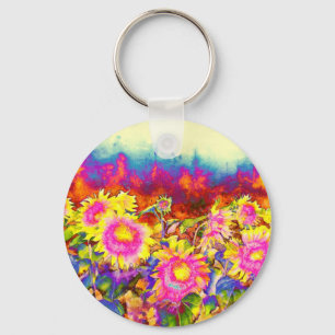 Porte-clés Élégant boho rétro tournesol fleurs rose jaune