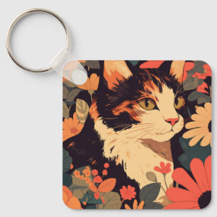 Porte-clés Elégant Calico Chat en Floral Garden Porte - clé