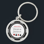 Porte-clés Elégant Casino Poker Chip noir blanc Mariage<br><div class="desc">Se marier à Las Vegas ou peut-être que vous avez un mariage thématique casino ? Ce porte - clé blanc et noir ferait un cadeau parfait pour les jeunes mariés, pour la fête de la mariée, ou comme cadeau pour les invités mariages. Personnalisez le design avec vos noms en noir...</div>
