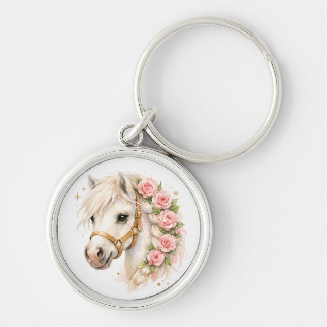 Porte-clés Élégant Cheval Blanc à l'Aquarelle avec Rose‑B (Devant)
