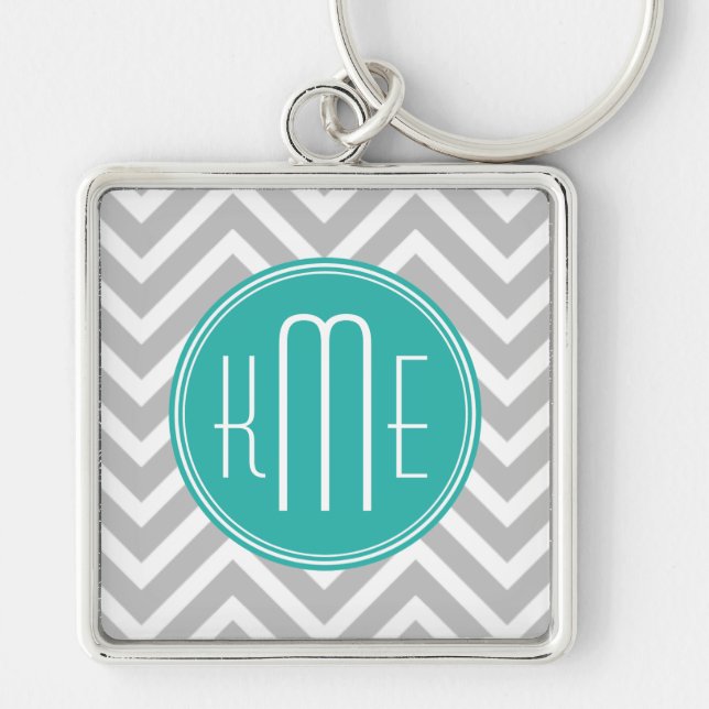 Porte-clés Élégant Chevron Gris Moderne et Monogramme Menthe (Devant)