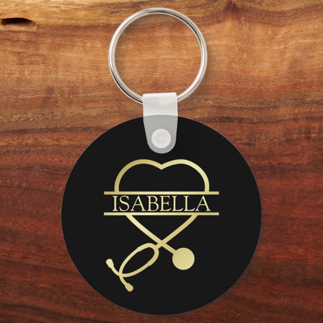 Porte-clés Elegant Coeur Stethoscope Black Gold Ajouter un no (Recto)